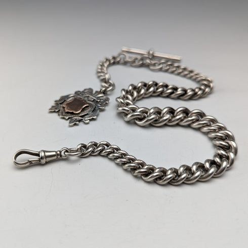 1906年 英国アンティーク 純銀製アルバートチェーン 極太85g エンブレムフォブ