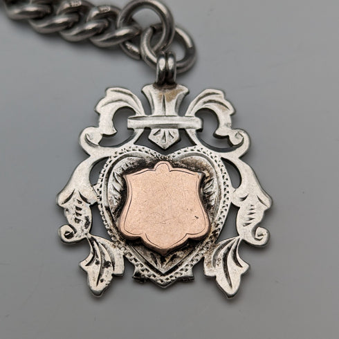 1906年 英国アンティーク 純銀製アルバートチェーン 極太85g エンブレムフォブ