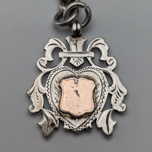 1906年 英国アンティーク 純銀製アルバートチェーン 極太85g エンブレムフォブ