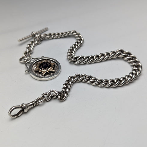 1910 British antique sterling silver Albert chain, extra thick 65g medal fob