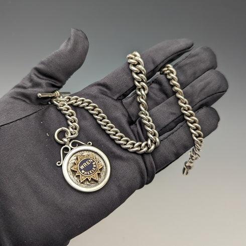 1910 British antique sterling silver Albert chain, extra thick 65g medal fob