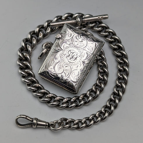 Circa 1900 British antique sterling silver Albert chain, extra thick 74g, Vesta case