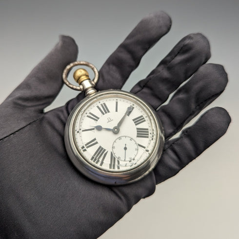 約 1905 年古董歐米茄懷錶銀邊直徑 59 毫米鐵路時鐘工作狀況良好