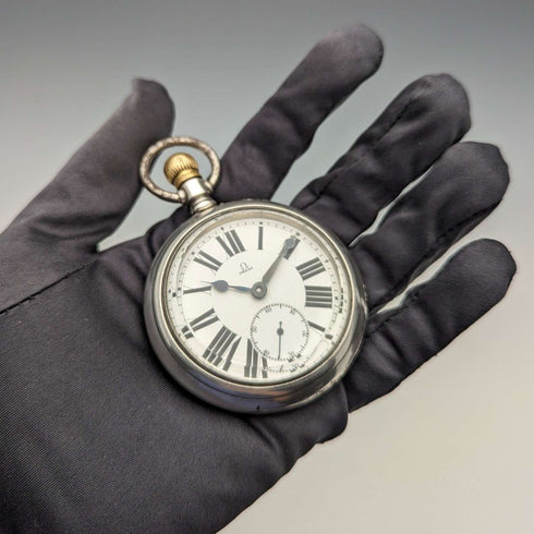 Circa 1905 Antique Omega Pocket Watch Silver Side Diameter 59mm Railroad Watch Good Working Condition