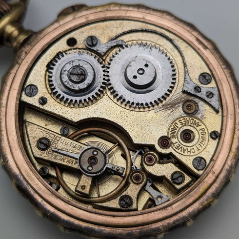 Circa 1890 Antique Pountet Chavet Pocket Watch with Gold Filling and Gunmetal Case in Good Working Condition