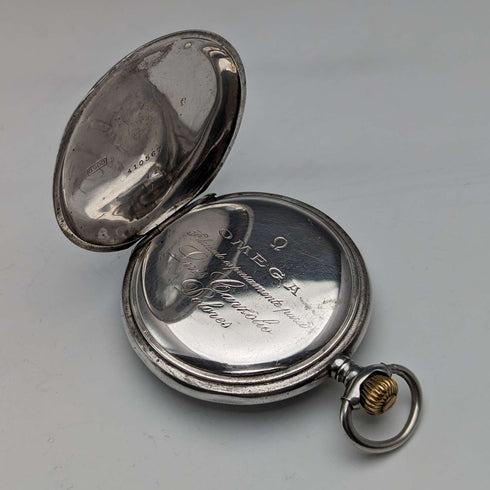 Circa 1910 Antique Omega Pocket Watch Silver Side Hunter Case Good Working Condition