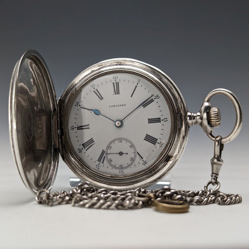 Circa 1908 Antique Longines Pocket Watch, Engraved Silver Side Hunter Case, Good Working Condition, Chain Included