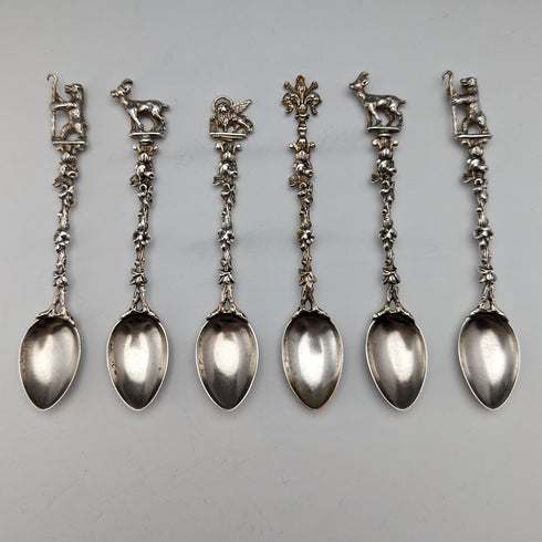 1920 Swiss Antique Figure Engraving 800 Silver Coffee Spoon Set of 6