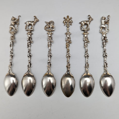 1920 Swiss Antique Figure Engraving 800 Silver Coffee Spoon Set of 6