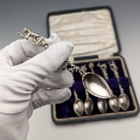 1920 Swiss Antique Figure Engraving 800 Silver Coffee Spoon Set of 6