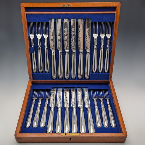 1870 British antique silver plate fruit cutlery set of 12 in wooden box