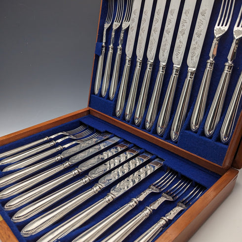 1870 British antique silver plate fruit cutlery set of 12 in wooden box