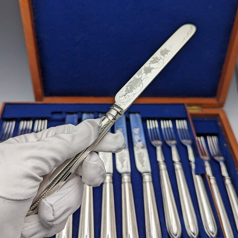 1870 British antique silver plate fruit cutlery set of 12 in wooden box