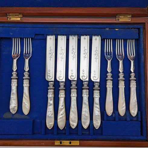 1870 British antique carved mother-of-pearl handle fruit cutlery set of 5 pairs in wooden box by MARTIN HALL