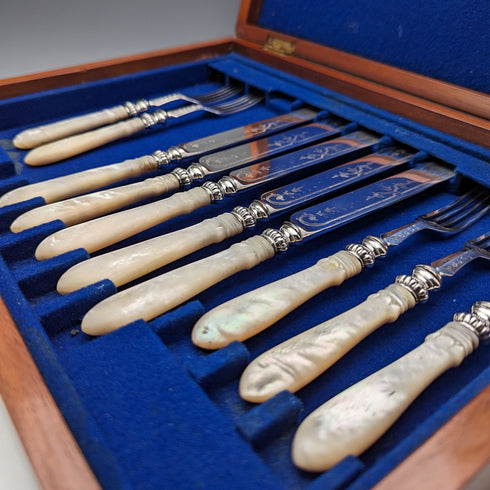 1870 British antique carved mother-of-pearl handle fruit cutlery set of 5 pairs in wooden box by MARTIN HALL