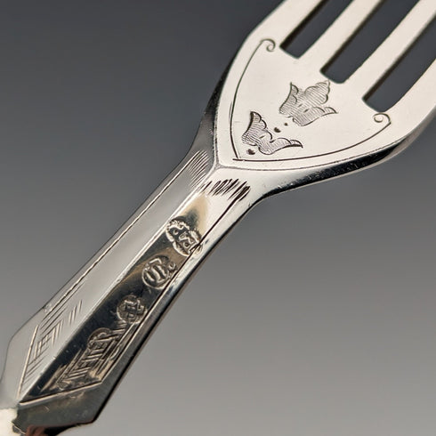 1870 British antique carved mother-of-pearl handle fruit cutlery set of 5 pairs in wooden box by MARTIN HALL