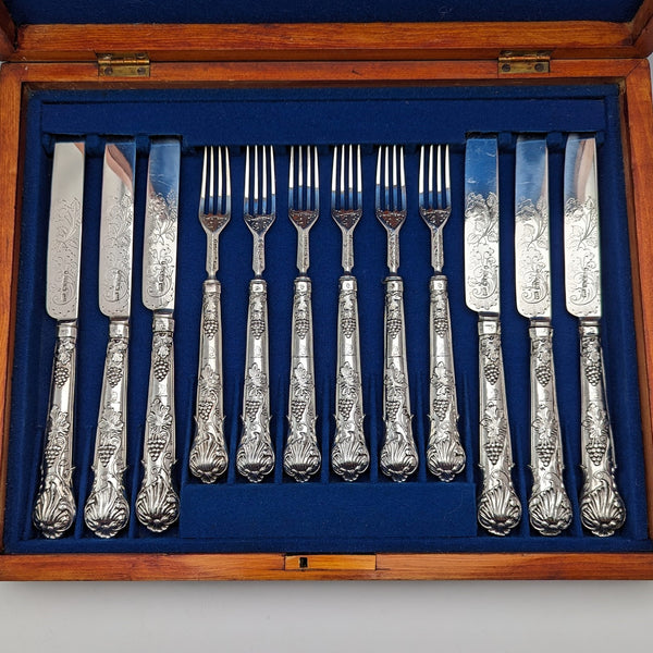 1842 British antique pure silver fruit cutlery set, 6 pairs, total weight 561g, William Sansom, wooden box