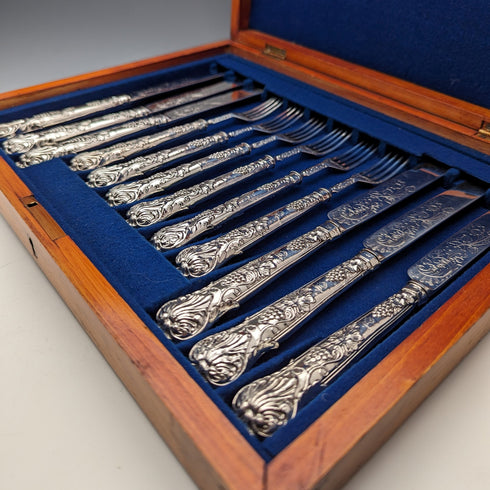 1842 British antique pure silver fruit cutlery set, 6 pairs, total weight 561g, William Sansom, wooden box