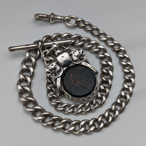 Circa 1900 British antique sterling silver Albert chain, 56g, large two-tone rotating fob