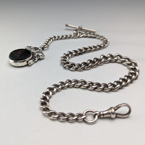 Circa 1900 British antique sterling silver Albert chain, 56g, large two-tone rotating fob