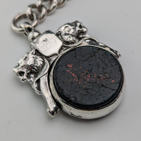 Circa 1900 British antique sterling silver Albert chain, 56g, large two-tone rotating fob