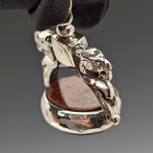 Circa 1900 British antique sterling silver Albert chain, 56g, large two-tone rotating fob