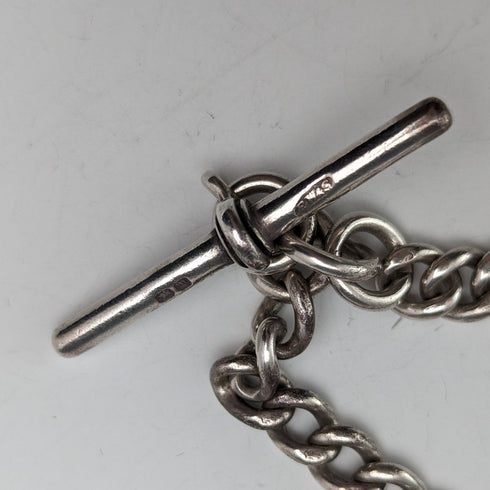Circa 1900 British antique sterling silver Albert chain, 56g, large two-tone rotating fob