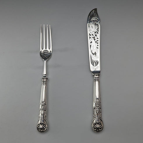 1836 年英國古董純銀手柄魚餐具一對埃爾金頓