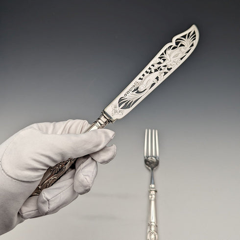 1836 年英國古董純銀手柄魚餐具一對埃爾金頓