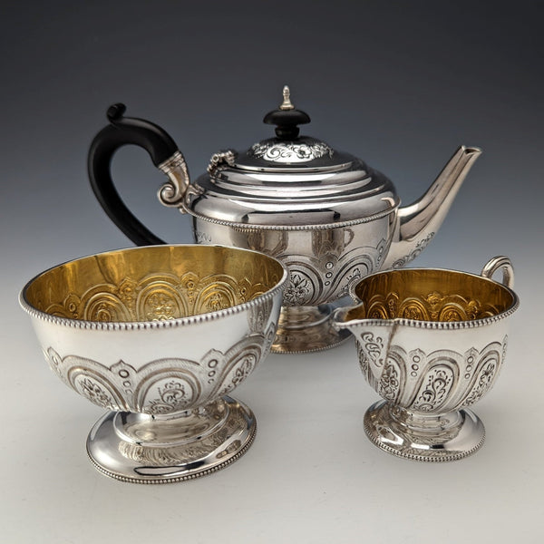Circa 1889 British antique sterling silver bachelor tea set, total weight 471g, Mappin and Webb