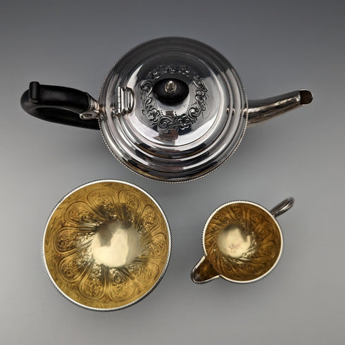 Circa 1889 British antique sterling silver bachelor tea set, total weight 471g, Mappin and Webb