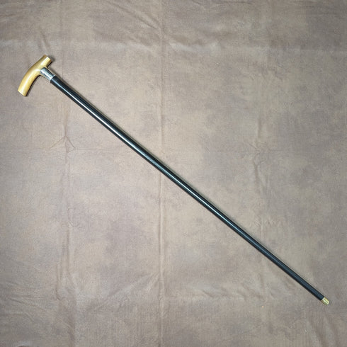 Antique Men's Walking Stick, Horn, Clutch Handle, Black Shaft, Pure Silver Decoration, 90cm