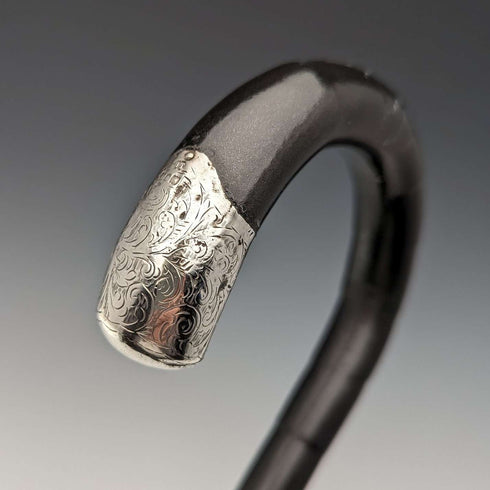 1911 British antique gentleman's walking stick, pure silver decoration, black shaft, 85cm, Henry Tracy Sons