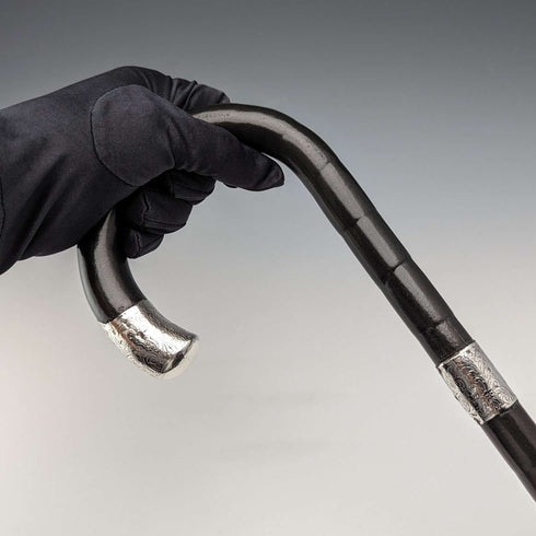 1911 British antique gentleman's walking stick, pure silver decoration, black shaft, 85cm, Henry Tracy Sons