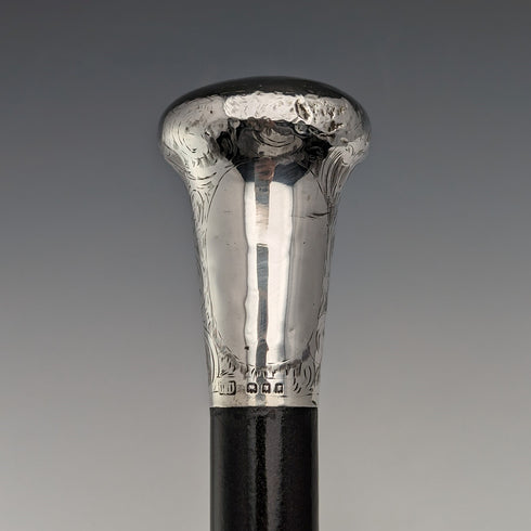 1922 British antique gentleman's walking stick, engraved pure silver, round handle, black shaft, 90cm TD