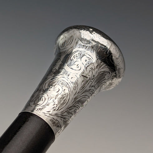 1922 British antique gentleman's walking stick, engraved pure silver, round handle, black shaft, 90cm TD