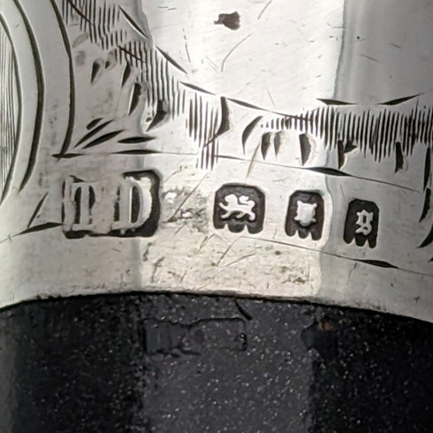 1922 British antique gentleman's walking stick, engraved pure silver, round handle, black shaft, 90cm TD