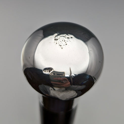 1925年 英国ヴィンテージ 紳士用ステッキ 純銀製 丸ハンドル ブラックシャフト 91cm J Howell