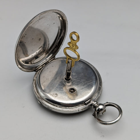 1880年頃 アンティーク Bauer 装飾ダイヤル 鍵巻き 懐中時計 銀側 直径44mm 稼働品 訳あり