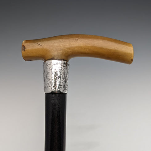 Antique Men's Walking Stick, Horn, Clutch Handle, Black Shaft, Pure Silver Decoration, 90cm