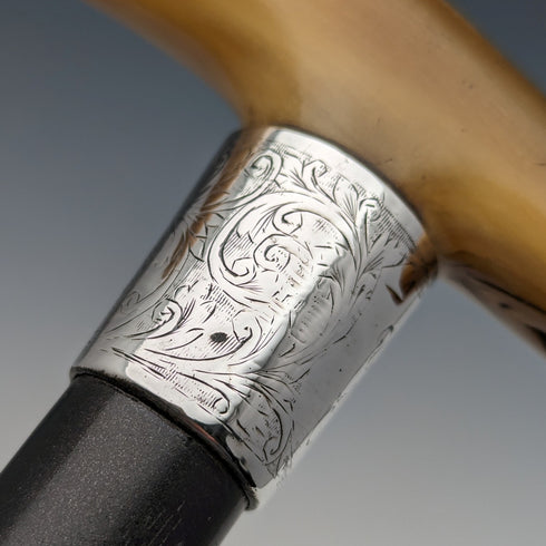 Antique Men's Walking Stick, Horn, Clutch Handle, Black Shaft, Pure Silver Decoration, 90cm