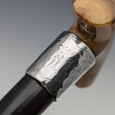 Antique Men's Walking Stick, Horn, Clutch Handle, Black Shaft, Pure Silver Decoration, 90cm