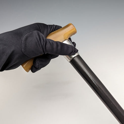 Antique Men's Walking Stick, Horn, Clutch Handle, Black Shaft, Pure Silver Decoration, 90cm