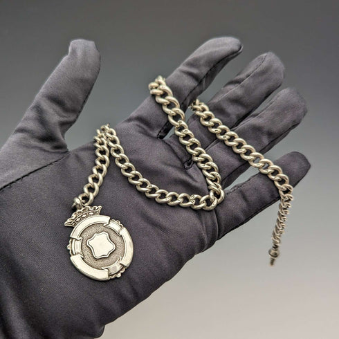 1900年頃 英国アンティーク 純銀製アルバートチェーン 52g 純銀メダルフォブ