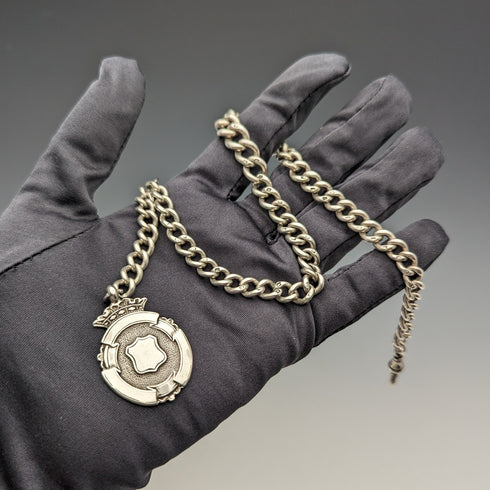 1900年頃 英国アンティーク 純銀製アルバートチェーン 52g 純銀メダルフォブ
