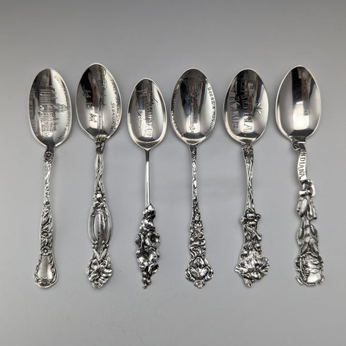 Circa 1900 American antique pure silver souvenir spoons x 6, teaspoon size, total weight 115g