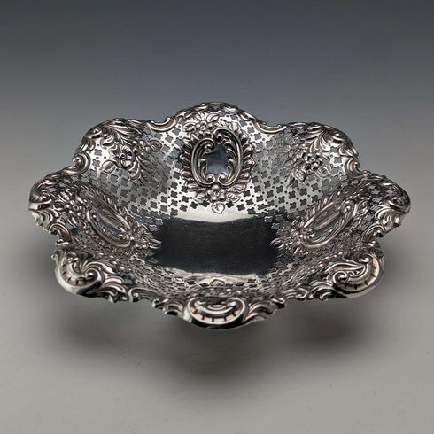1895 British antique sterling silver floral dish, 111g, James Dixon & Sons