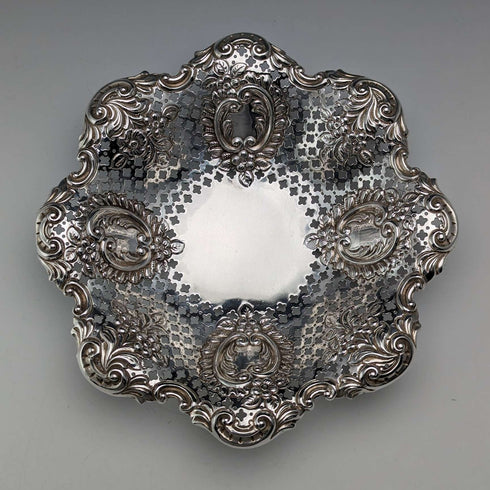 1895 British antique sterling silver floral dish, 111g, James Dixon & Sons