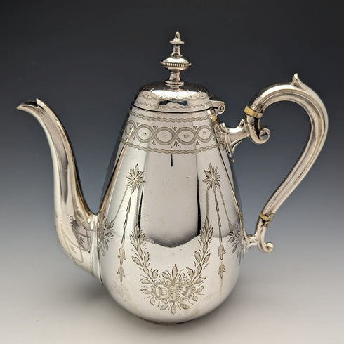 Antique British silver plate Bachelor coffee pot, circa 1885, Mappin Brothers