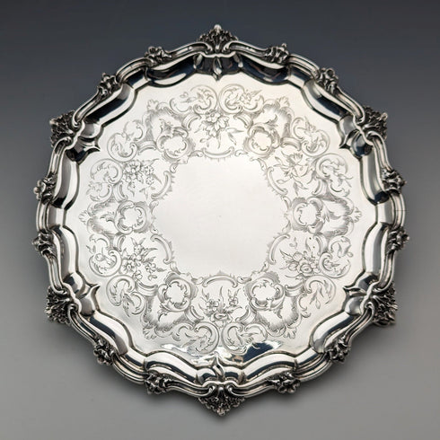 1846 British antique sterling silver Salva card tray, diameter 23cm, 396g, George Frederick Pinnell